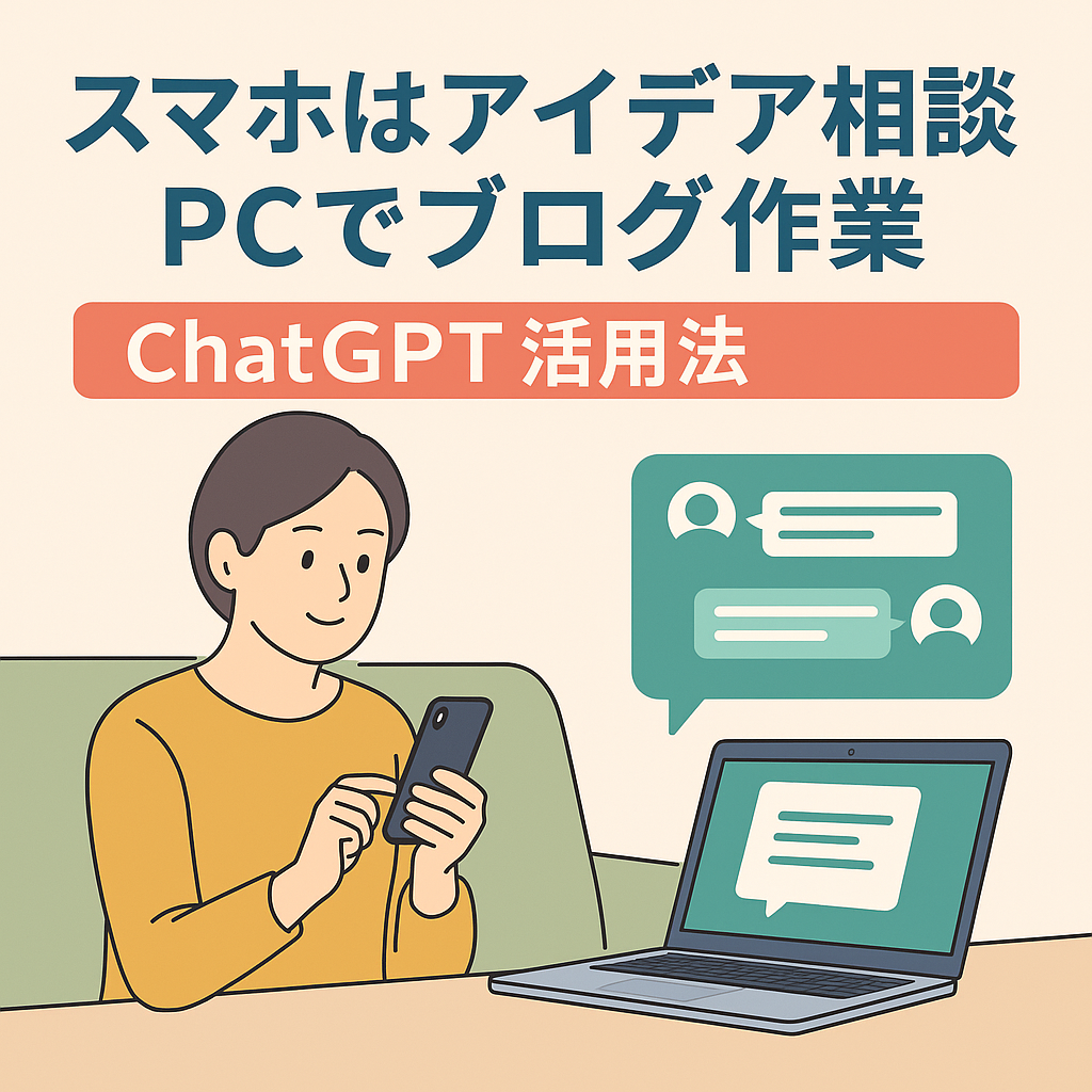 スマホでChatGPTにアイデア相談をし、PCでブログ作業をする人を描いたイラスト。「スマホはアイデア相談 PCでブログ作業 ChatGPT活用法」という日本語テキスト入りのアイキャッチ画像。