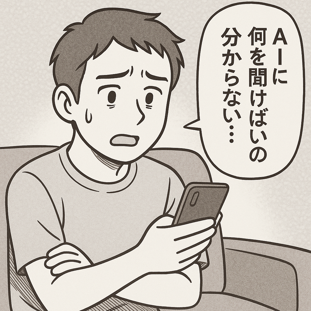 ChatGPTを開いたものの、最初に何を質問すればいいか分からず悩んでいる人の1コマ風イラスト。