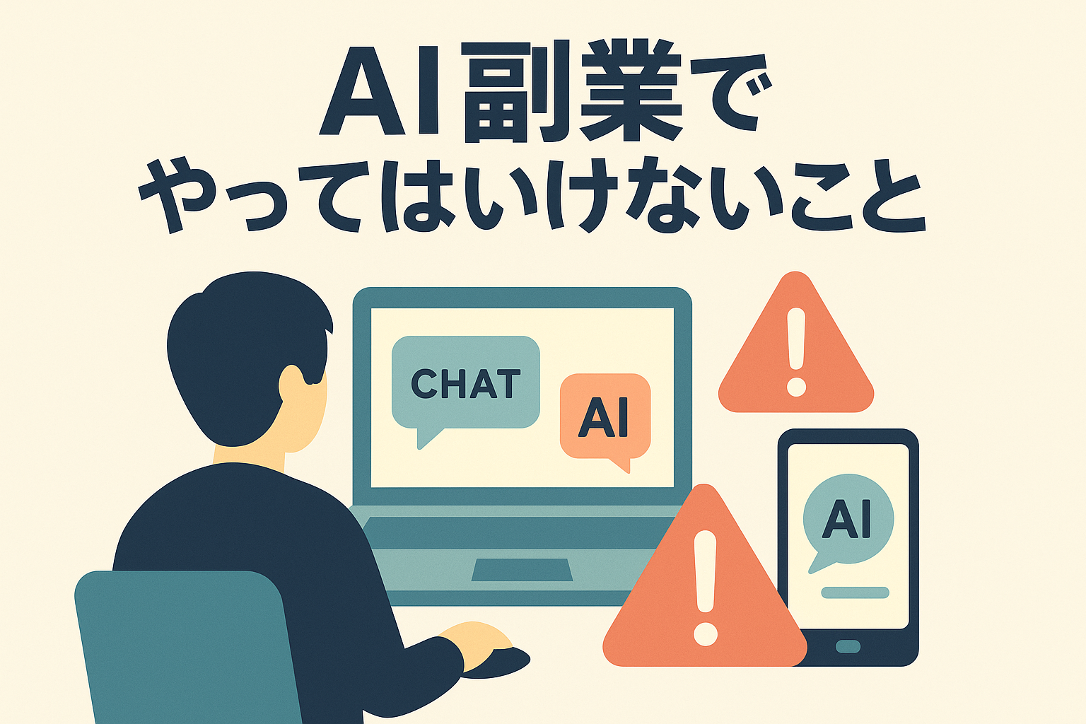 AI副業でやってはいけないことをイメージしたイラスト。PCとスマホの画面にAIのチャット吹き出しと注意マークが描かれている。